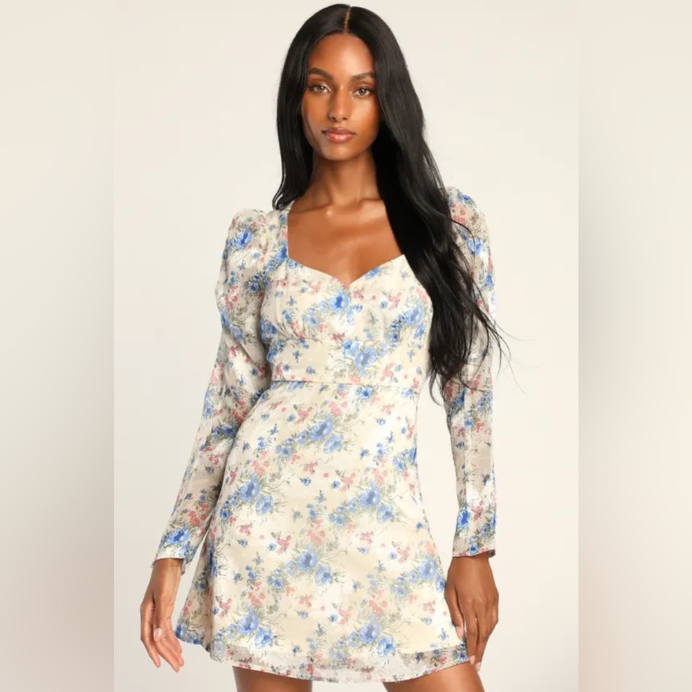 Lulus Lovely Type Ivory Floral Print Puff Sleeve A-line Mini Dress White